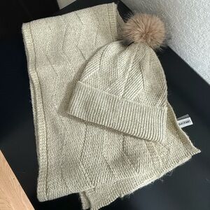 Calvin Klein Cream Scarf and Beanie with Pom set.